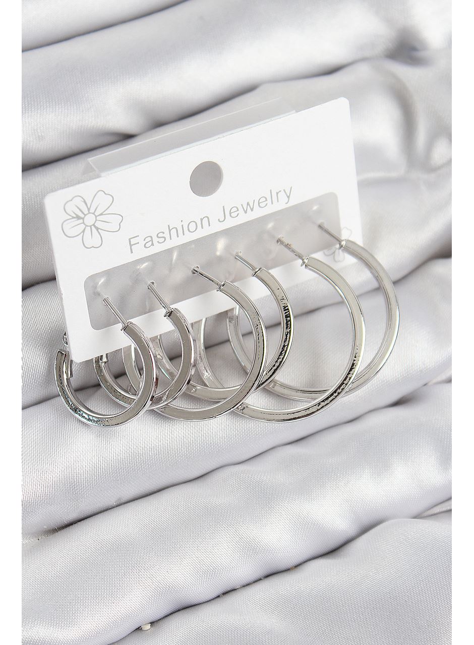 Pirinç Halka Model Gümüş Renk Kadın Set Küpe