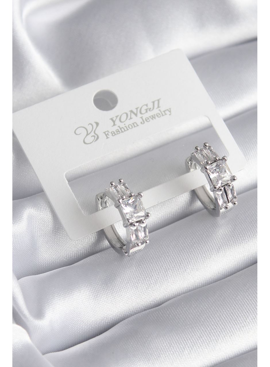 Pirinç Gümüş Renk Kare Zirkon Taşlı Kadın Küpe