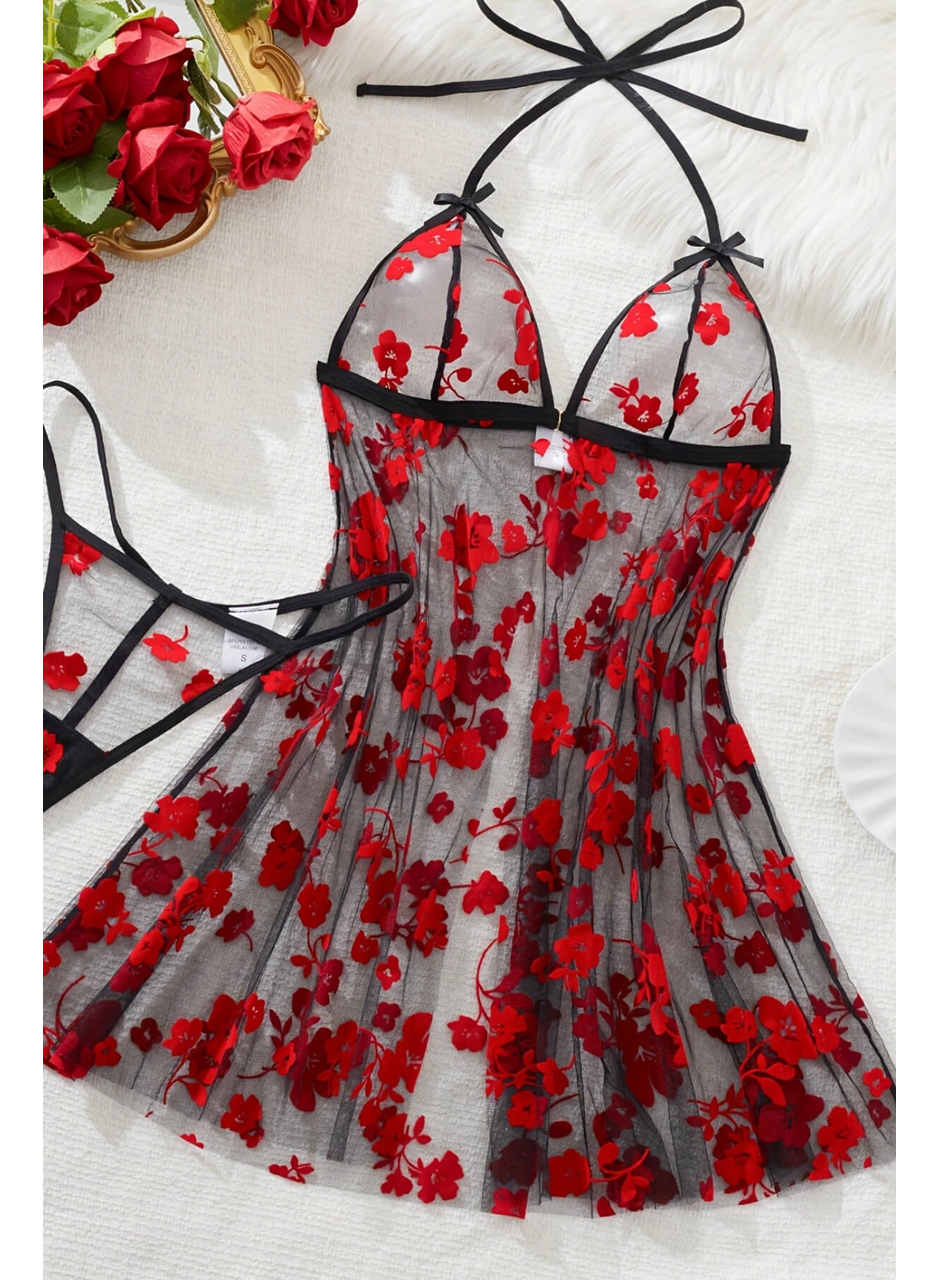 Çiçek Desenli Siyah Transparan Tül Gecelik TM1319