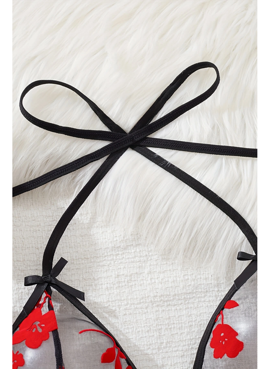 Çiçek Desenli Siyah Transparan Tül Gecelik TM1319