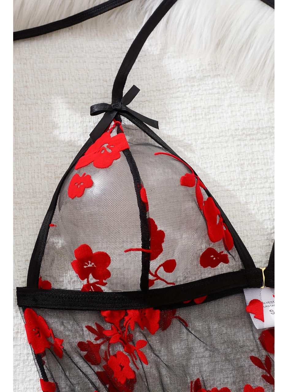 Çiçek Desenli Siyah Transparan Tül Gecelik TM1319