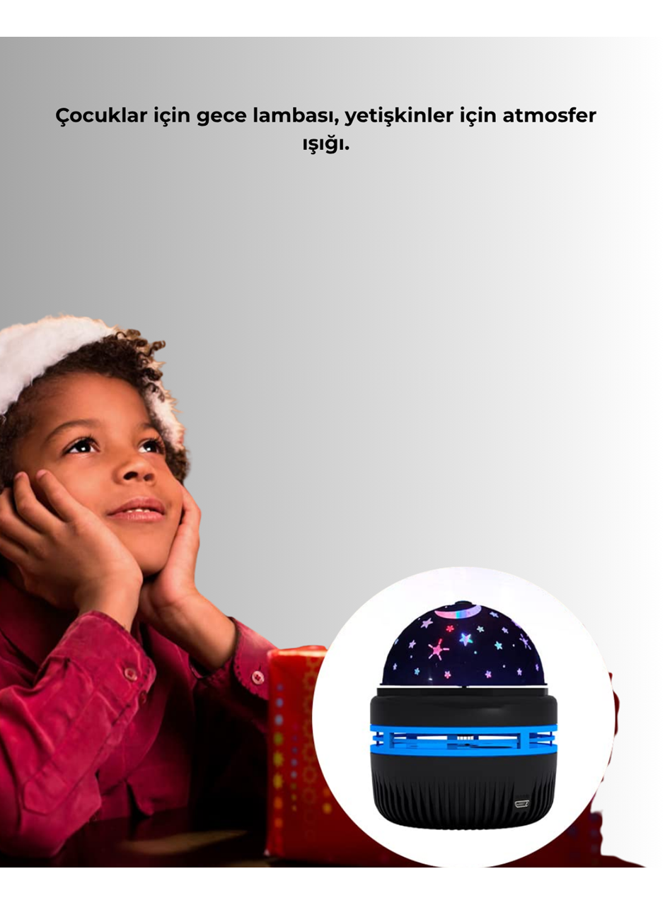 Döner Galaxy Projektör Gece Lambası – Ay ve Yıldız Işıklı Atmosfer Lamba, USB Bağlantılı