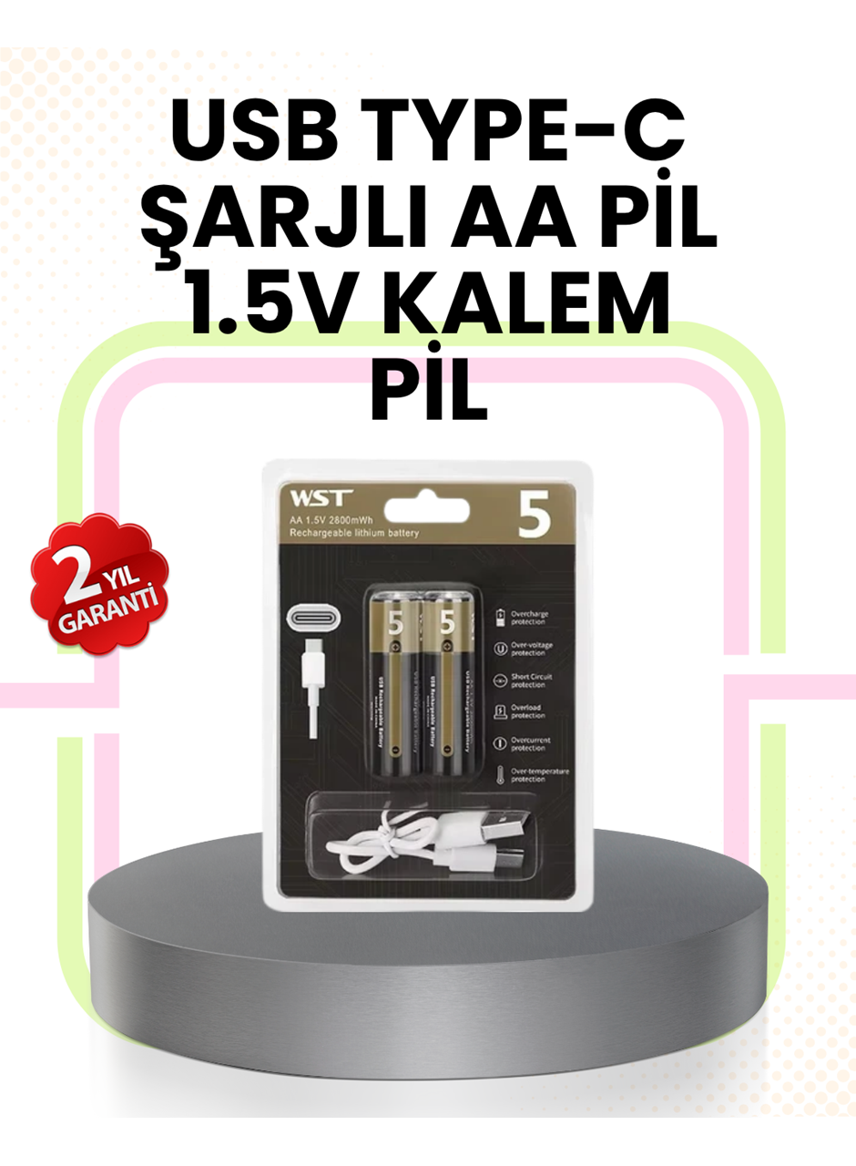 Tekrar Şarj Edilebilir AA USB Type-C Pil | 1000+ Döngü | 1.5V Sabit Voltaj