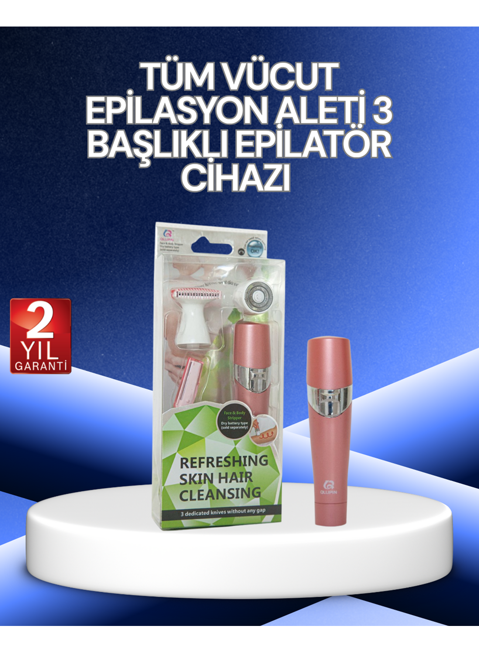 3 Başlıklı Yüz ve Vücut Tüy Temizleme Cihazı Pembe