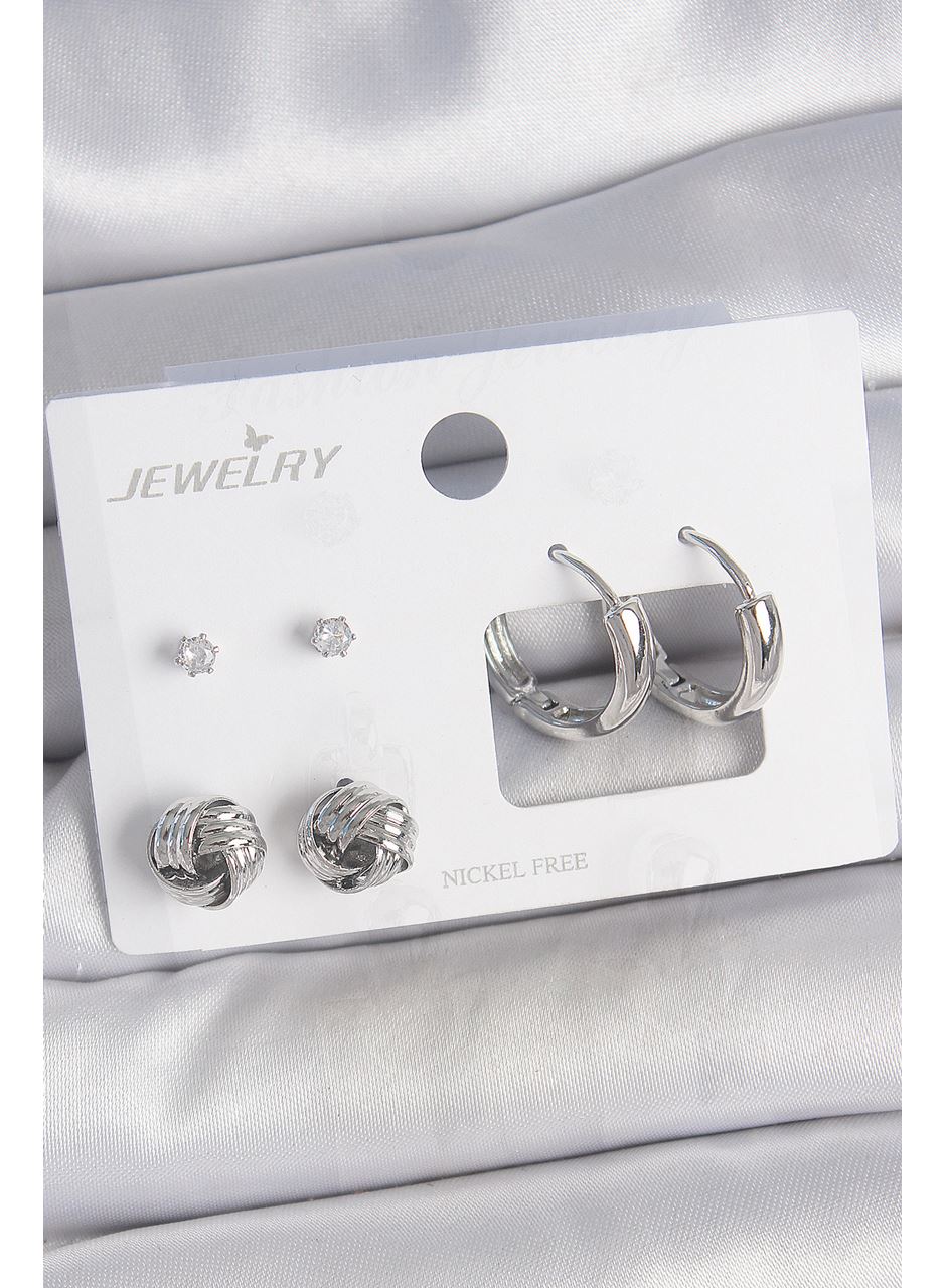 Pirinç Gümüş Renk Zirkon Taşlı Halka Model 3 Çift Kadın Küpe Seti