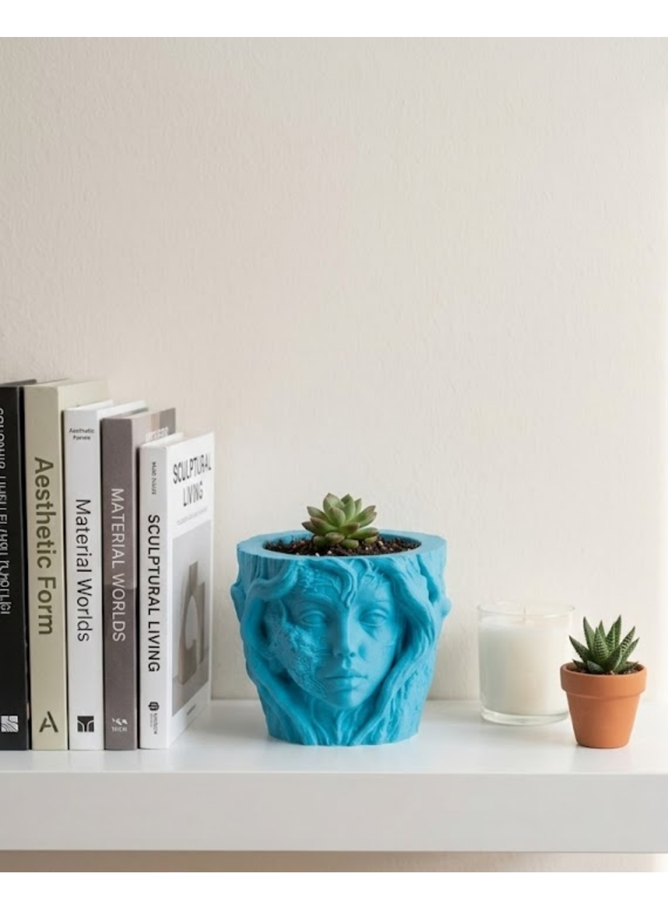 Sanatsal Kadın Yüzü Ağaç Detaylı 3D Baskı Dekoratif Vazo Saksı