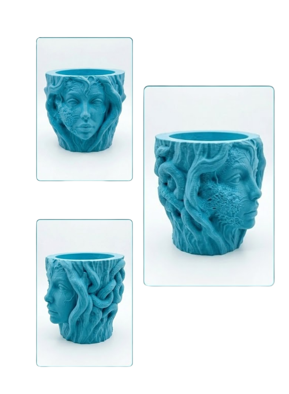 Sanatsal Kadın Yüzü Ağaç Detaylı 3D Baskı Dekoratif Vazo Saksı