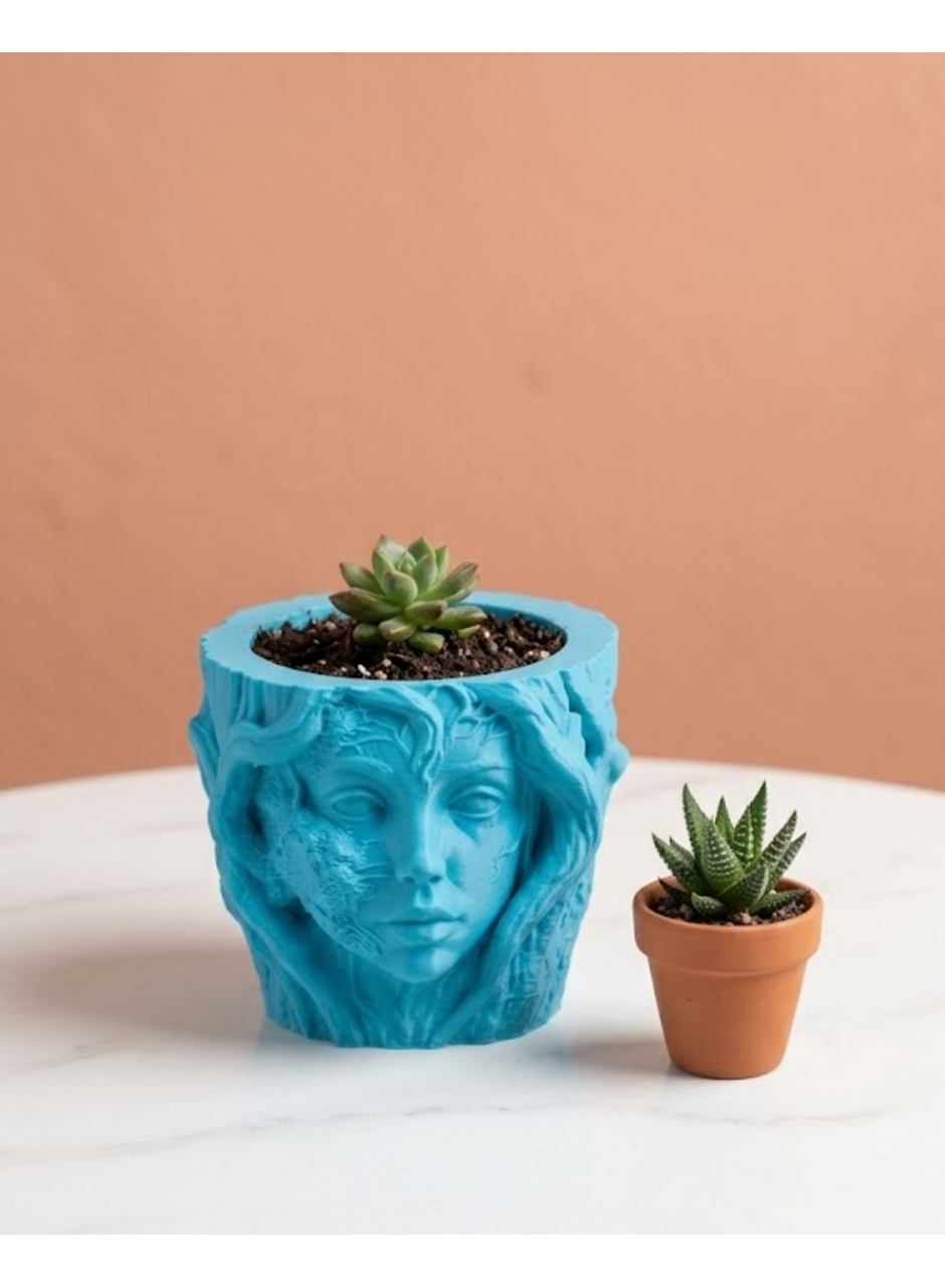 Dekoratif 3D Kadın Yüzü Ağaç Tasarımlı Saksı Vazo Modern Ev Dekoru