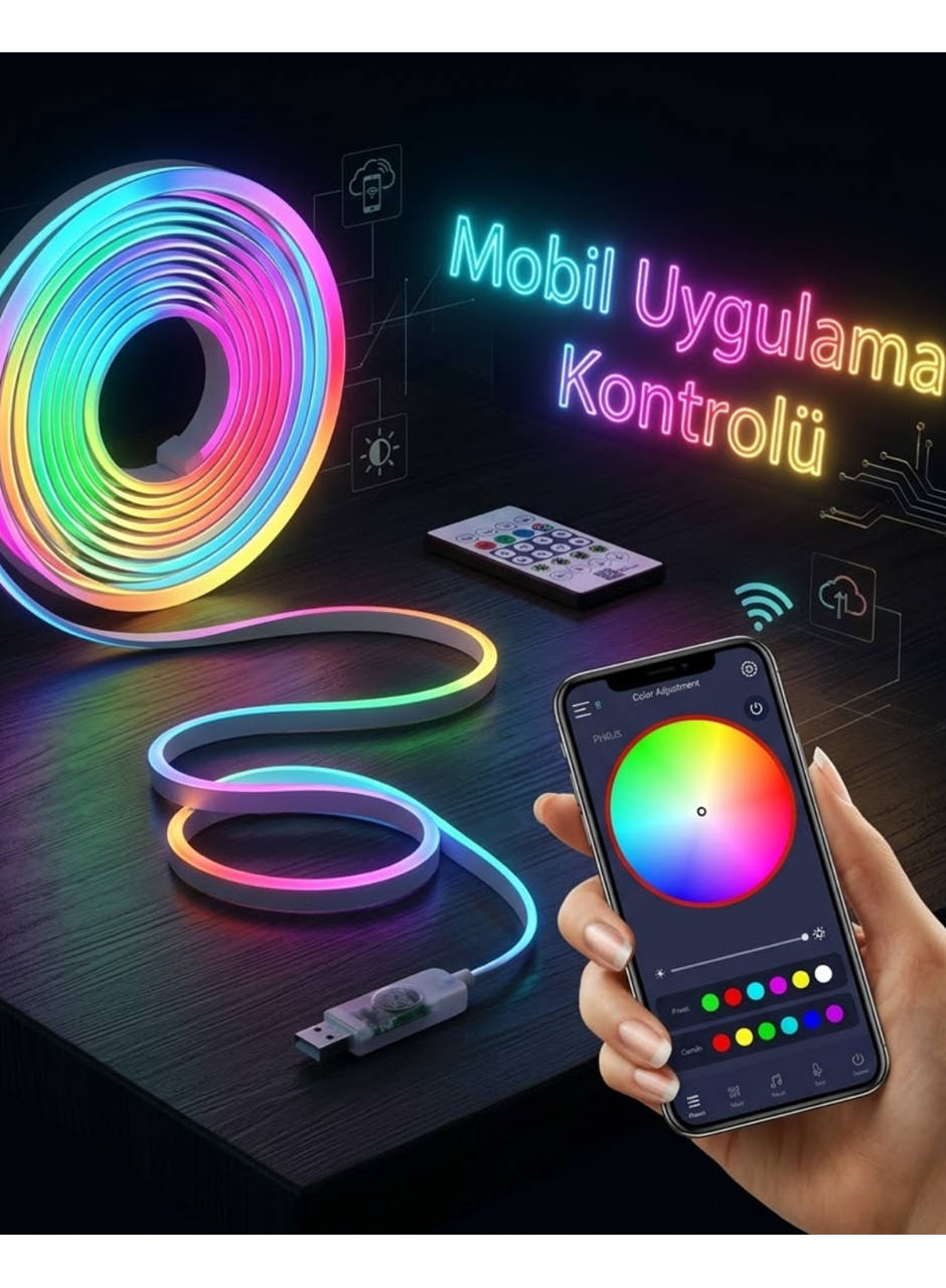 Akıllı RGB LED Neon Şerit Işık 3M USB Bağlantılı Uzaktan Kumanda ve Mobil Uygulama Kontrolü