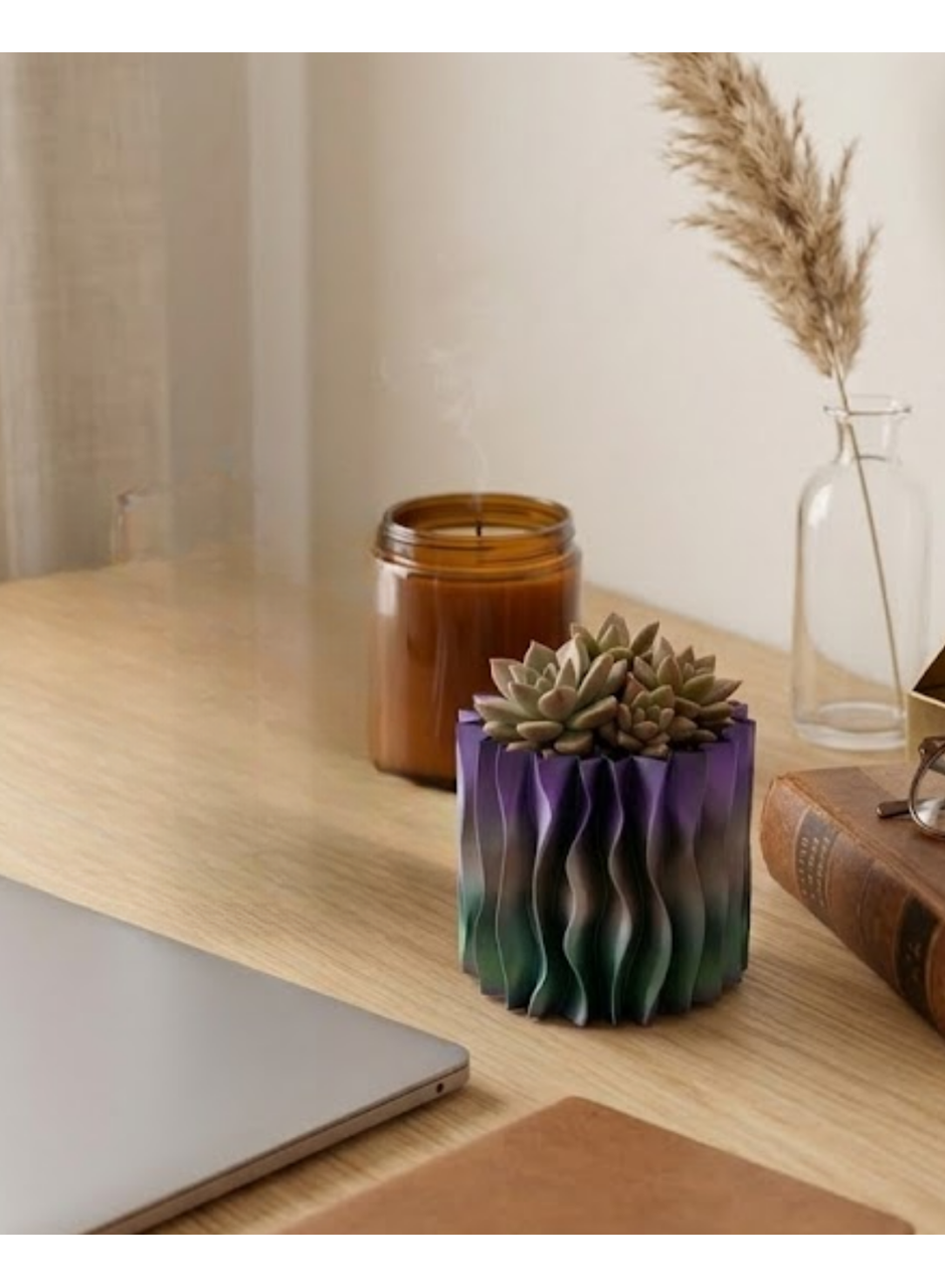 Modern Dalgalı Yüzey Tasarımlı Mor 3D Dekoratif Saksı Vazo