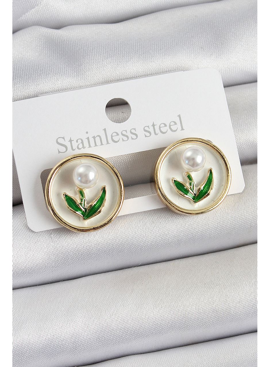 Pirinç Beyaz Mineli Lale Figürlü Sanatsal Portre Model Gold Renk Kadın Küpe