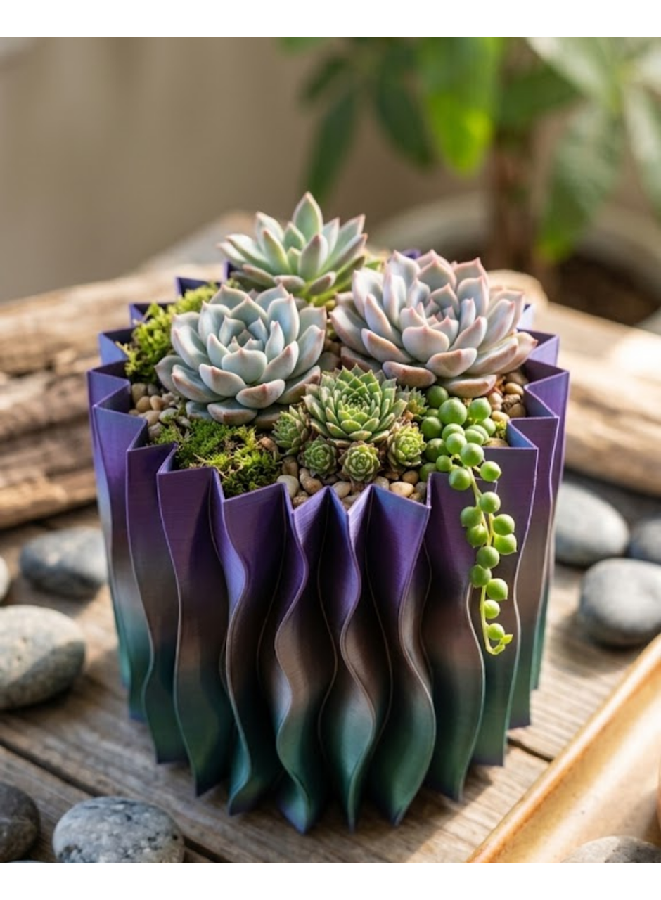 Estetik Dalga Formlu Mor 3D Baskı Dekoratif Vazo Modern Ev Aksesuarı