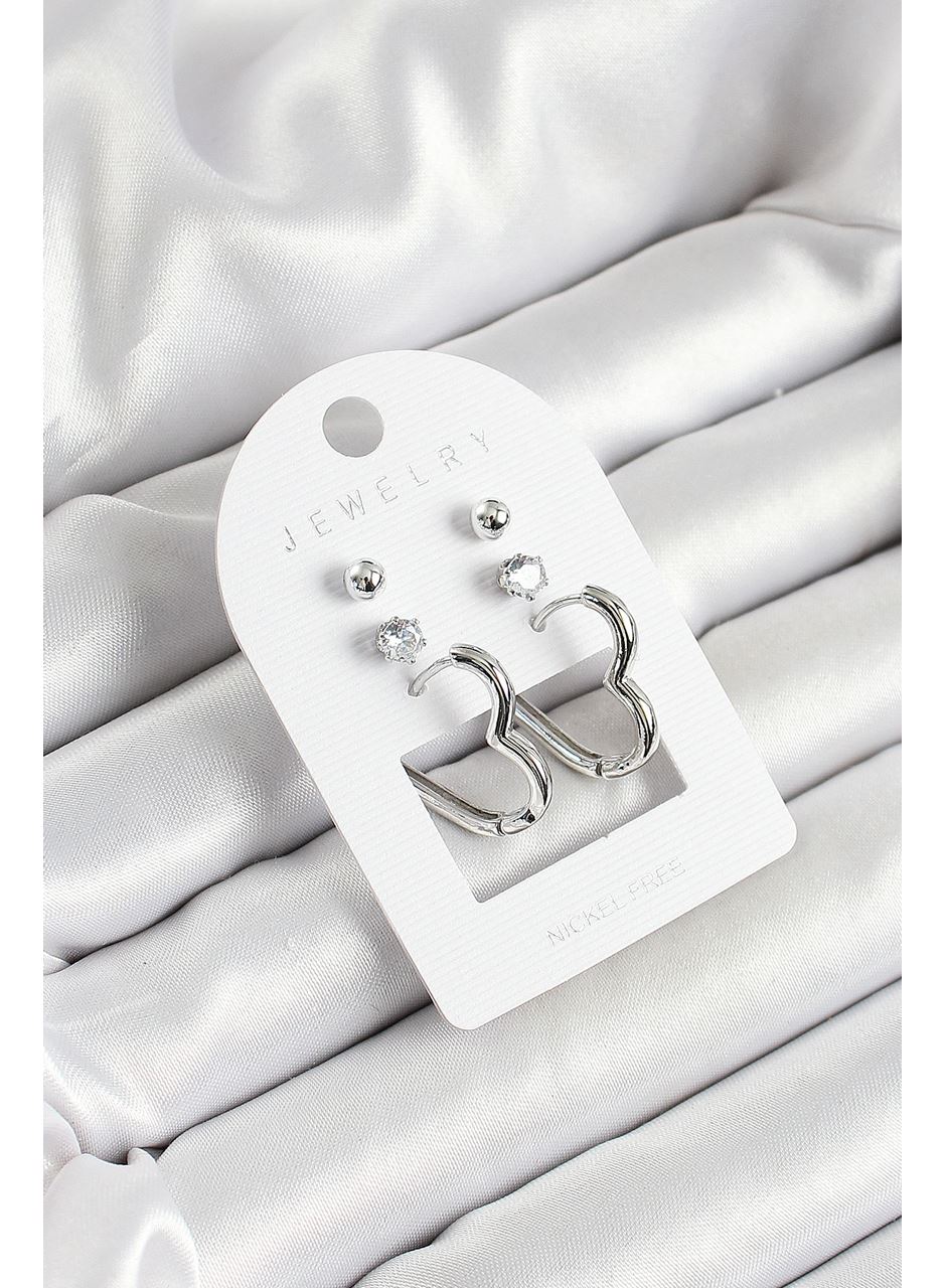 Pirinç Zirkon Taş Ve Kalp Figürlü Gümüş Renk 3'lü Çift Kadın Küpe Set