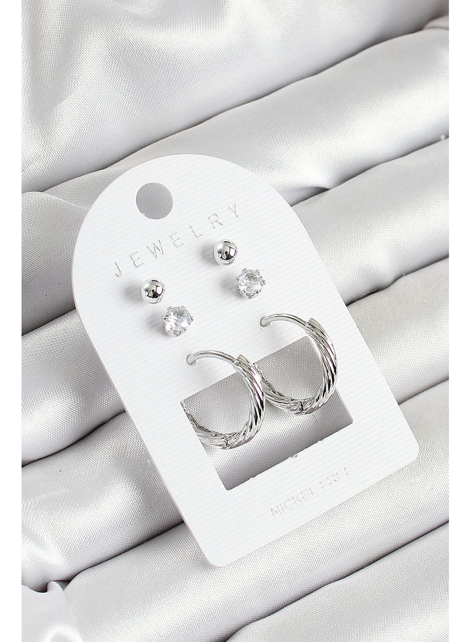 Pirinç Zirkon Taş Ve Halka Figürlü Gümüş Renk 3'lü Çift Kadın Küpe Set