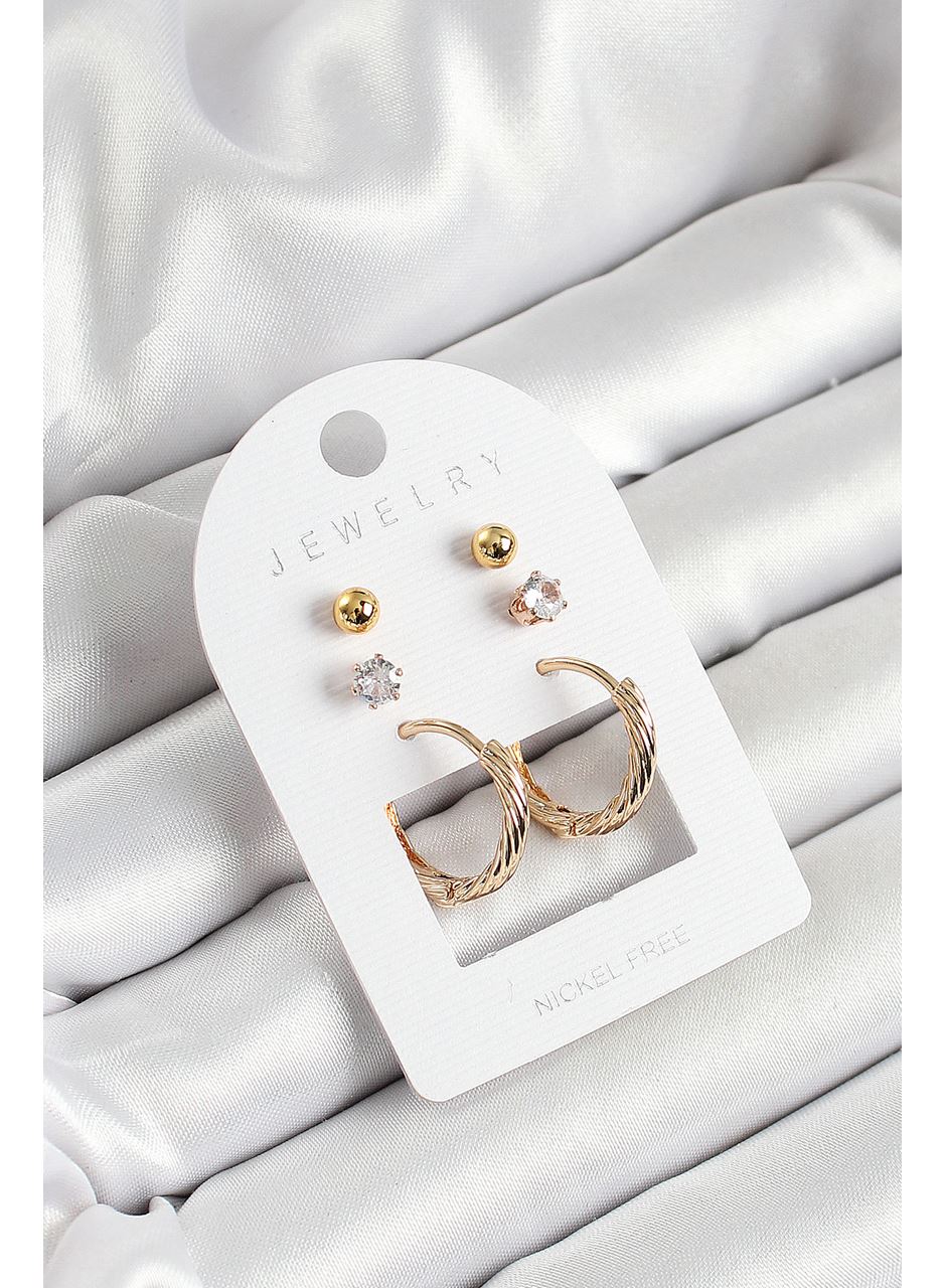 Pirinç Zirkon Taş Ve Halka Figürlü Gold Renk 3'lü Çift Kadın Küpe Set