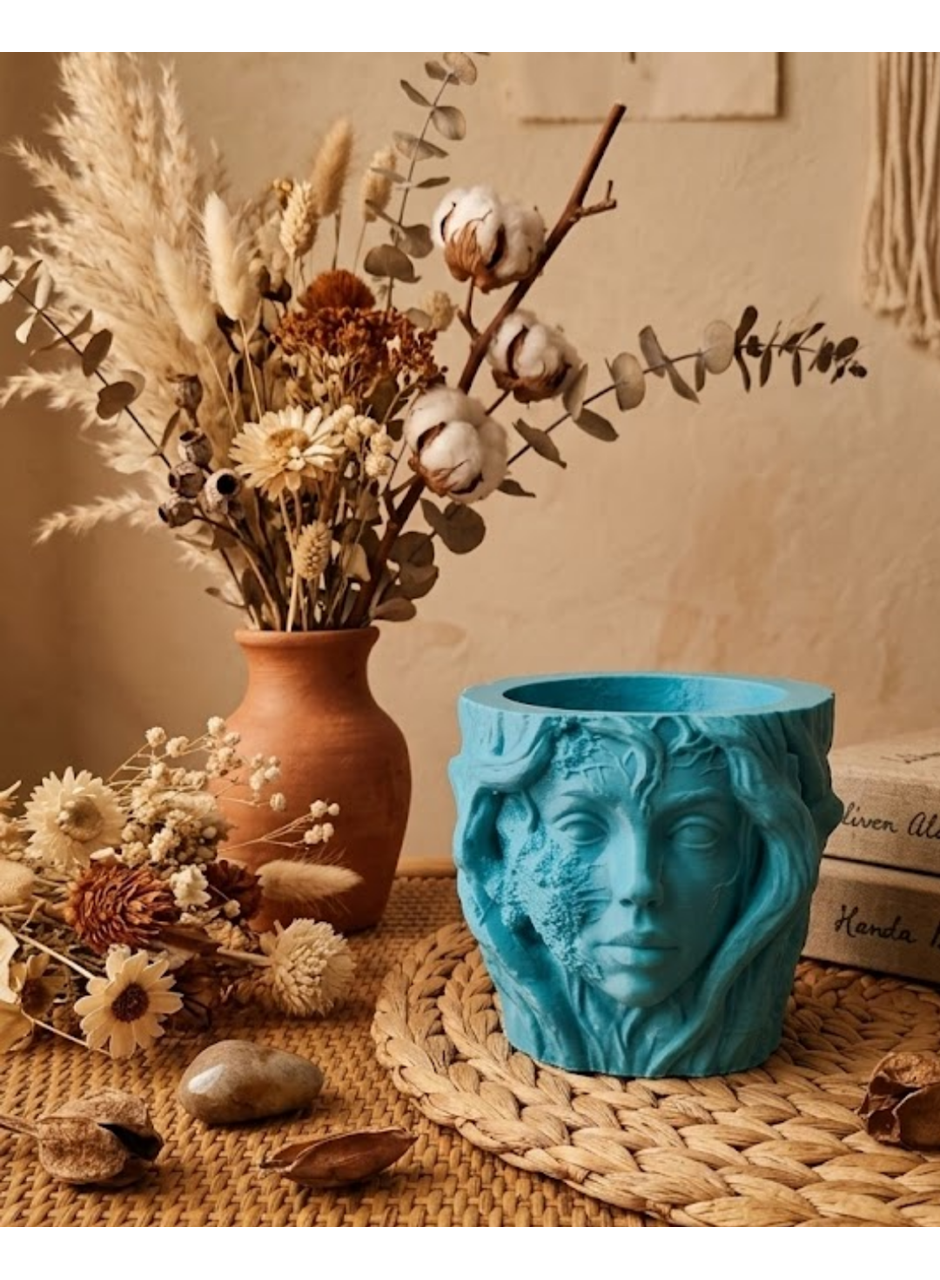 Estetik Kadın Yüzü Heykel Tasarımlı Dekoratif 3D Saksı Vazo