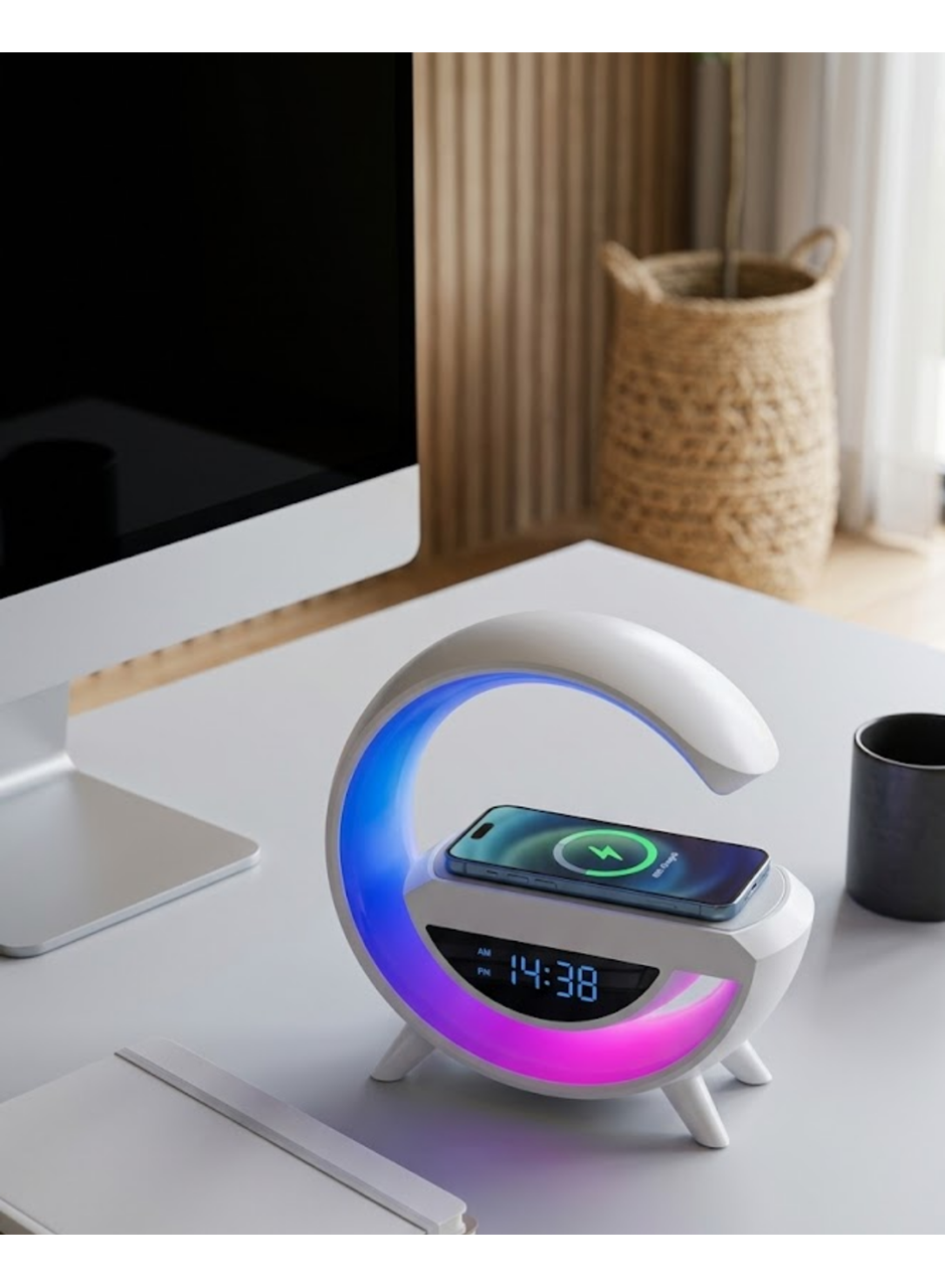 Kablosuz Şarjlı Bluetooth Hoparlör RGB Işık Gece Lambası Dijital Saat