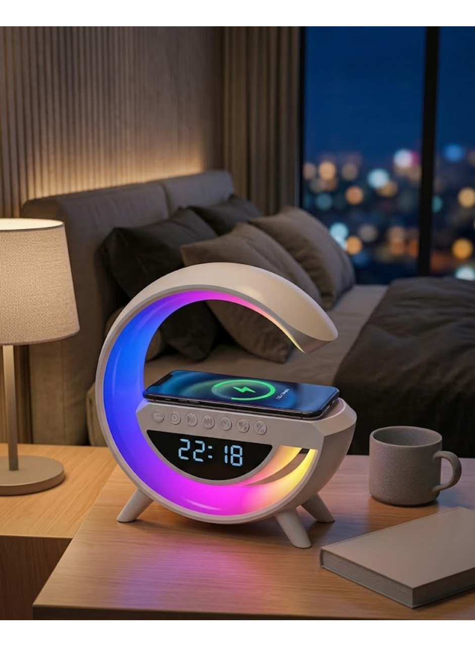 Kablosuz Şarjlı LED Işıklı Masa Saati Bluetooth Hoparlör Alarm Fonksiyonlu