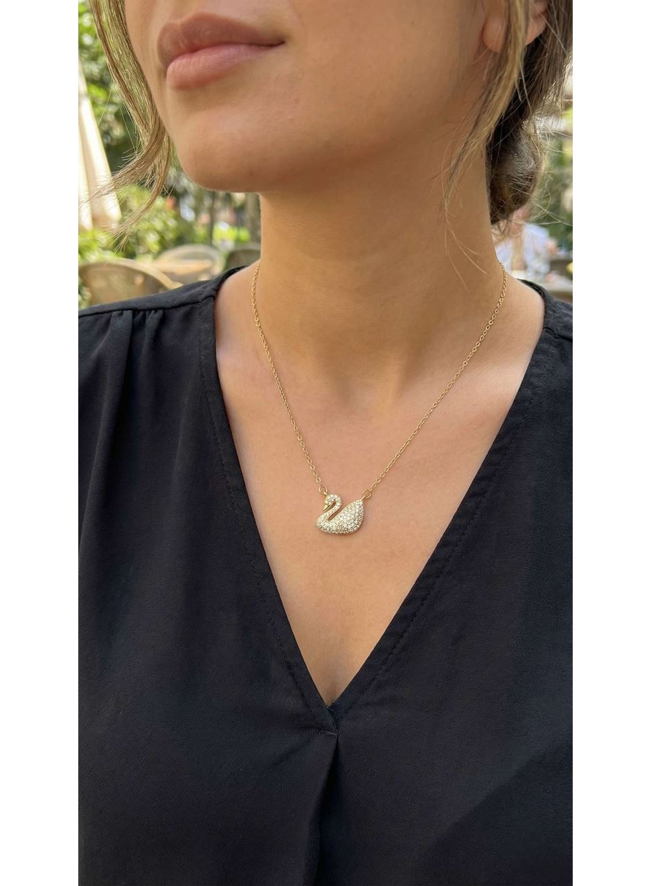 316L Çelik Zincir Altın Renk Zirkon Taşlı Kuğu Kolye