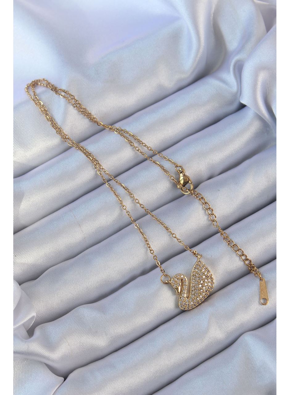 316L Çelik Zincir Altın Renk Zirkon Taşlı Kuğu Kolye