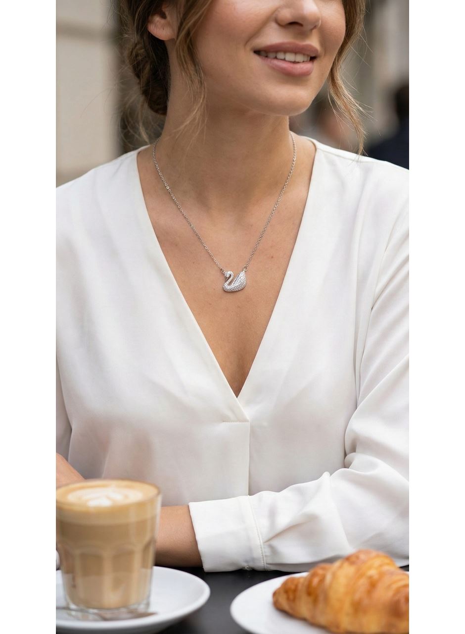 316L Çelik Zincir Gümüş Renk Zirkon Taşlı Kuğu Kolye