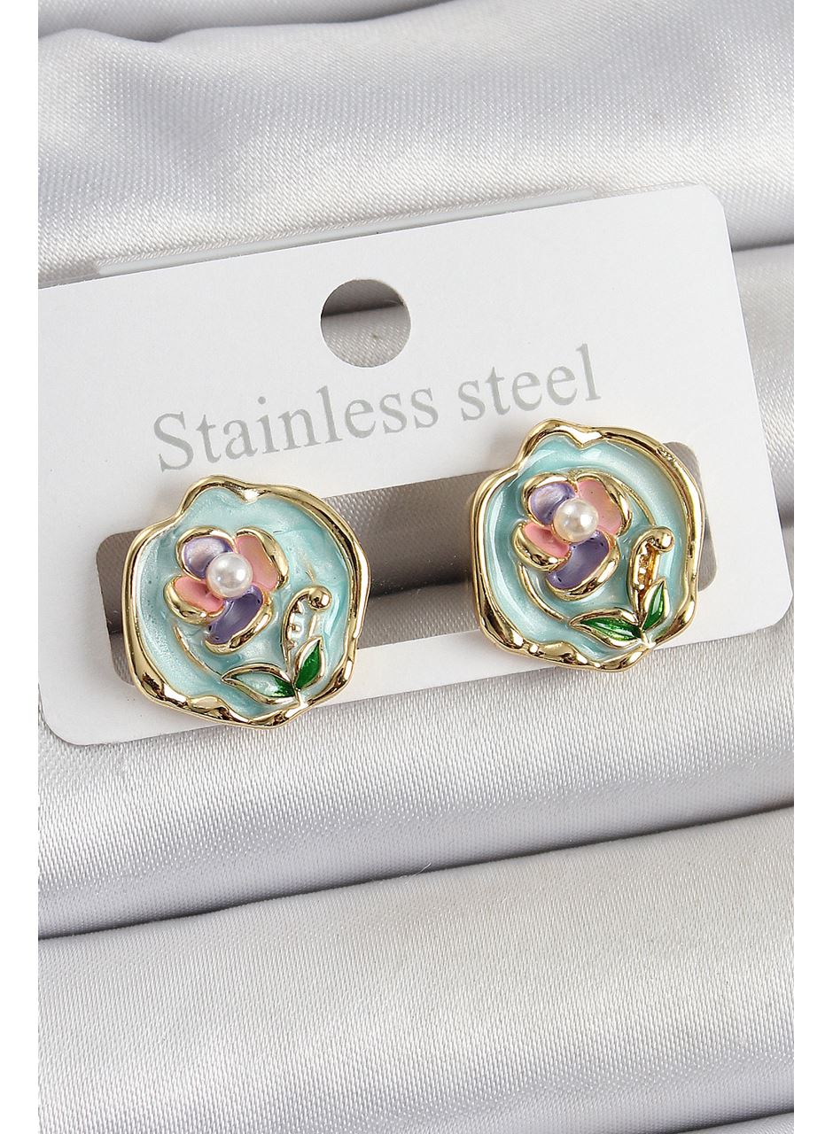 Pirinç Yeşil Mineli Çiçek Figürlü Sanatsal Portre Model Gold Renk Kadın Küpe