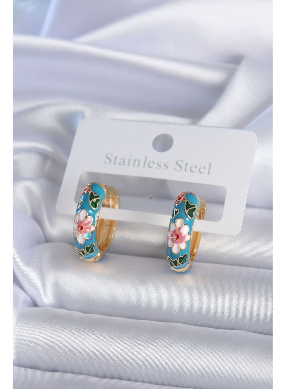 Pirinç Gold Renk Mavi Çiçek İşleme Detay Kadın Küpe