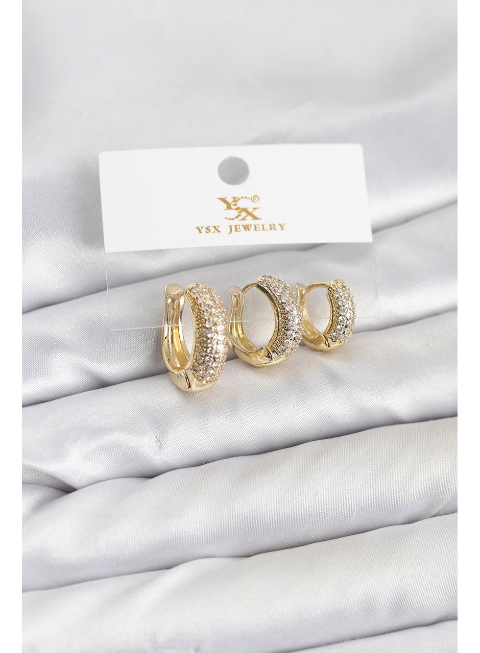 Pirinç Gold Renk Zirkon Taşlı Halka Model YSX Trio Küpe Seti