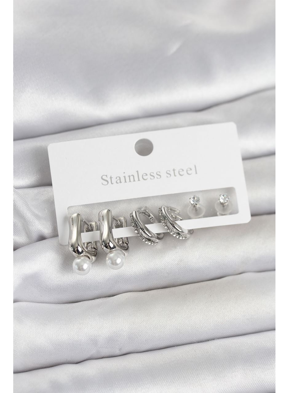 316L Çelik Gümüş Renk Kadın Küpe Seti