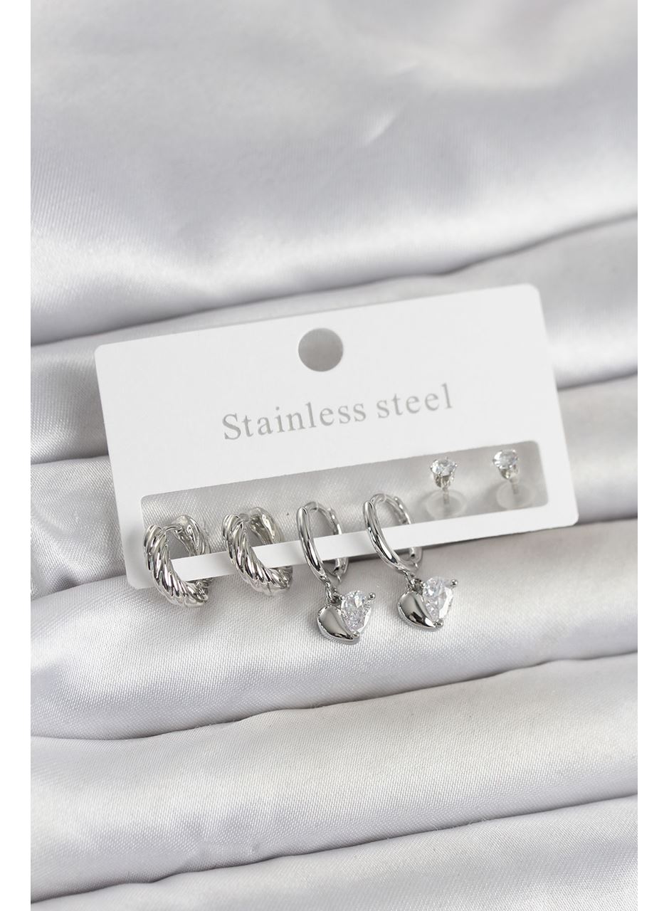 316L Çelik Gümüş Renk Kalp Detaylı Kadın Küpe Seti