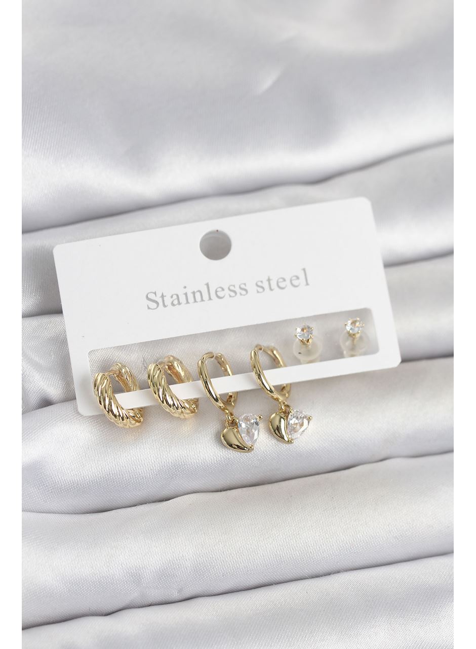 316L Çelik Gold Renk Kalp Detaylı Kadın Küpe Seti