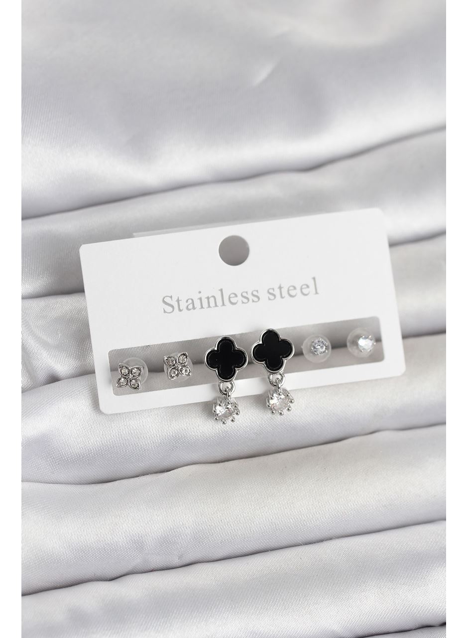 316L Çelik Gümüş Renk Yonca Detaylı Kadın Küpe Seti