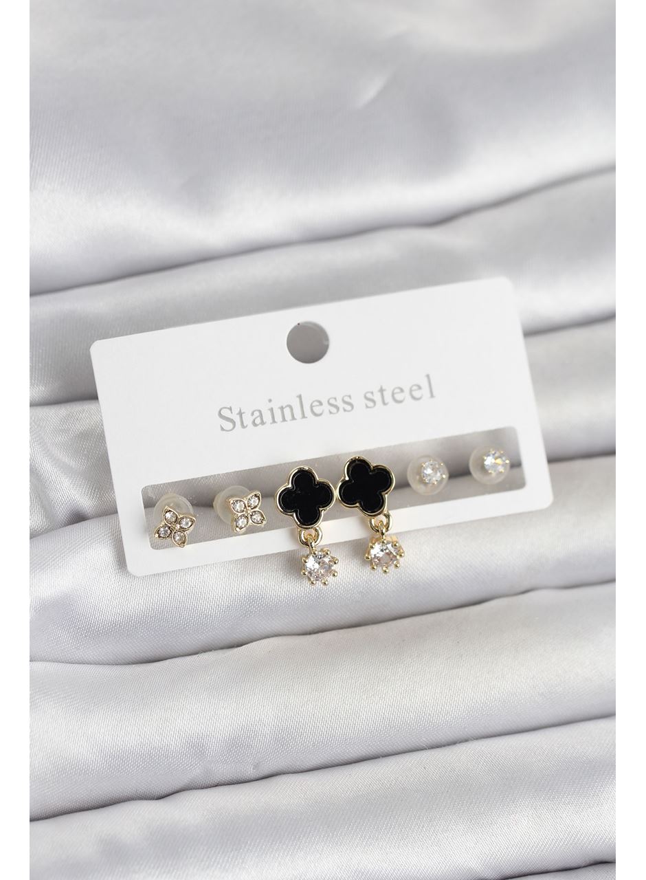 316L Çelik Gold Renk Yonca Detaylı Kadın Küpe Seti