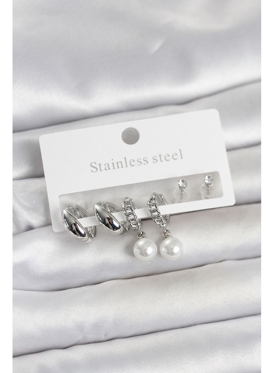 316L Çelik Gümüş Renk inci Halka Detaylı Kadın Küpe Seti