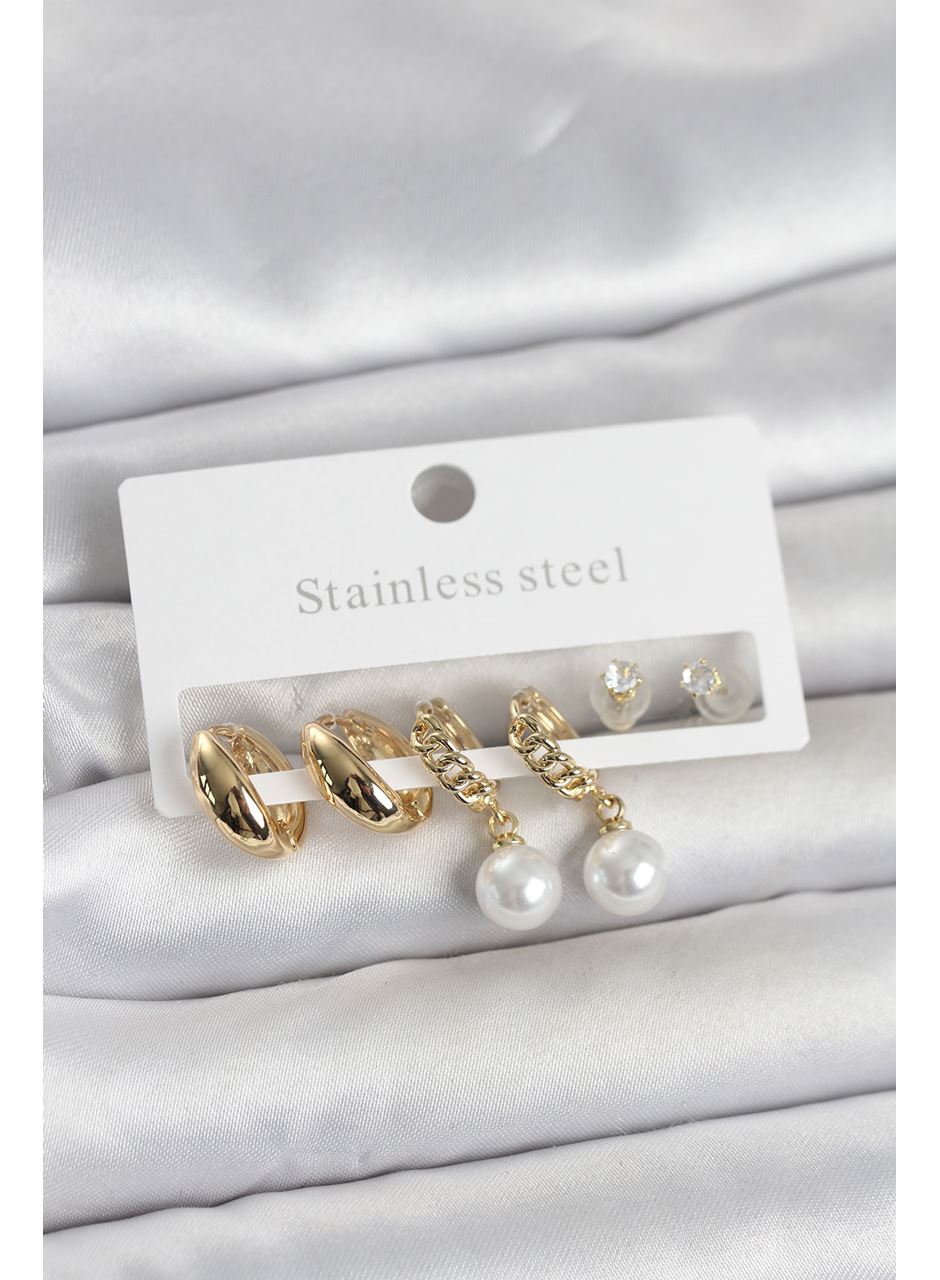 316L Çelik Gold Renk inci Halka Detaylı Kadın Küpe Seti