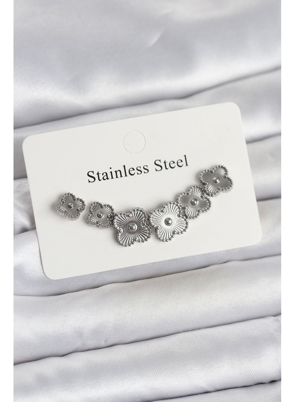 316L Çelik Gümüş Renk Yonca Küpe Seti