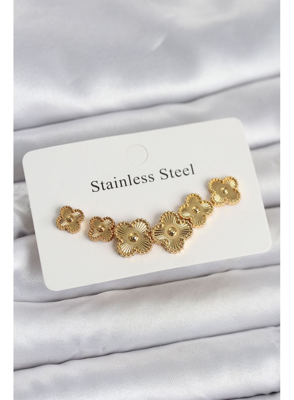 316L Çelik Gold Renk Yonca Küpe Seti