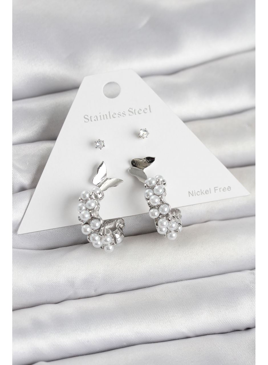 Pirinç Gümüş Renk Kelebek Detaylı Kadın Küpe Seti