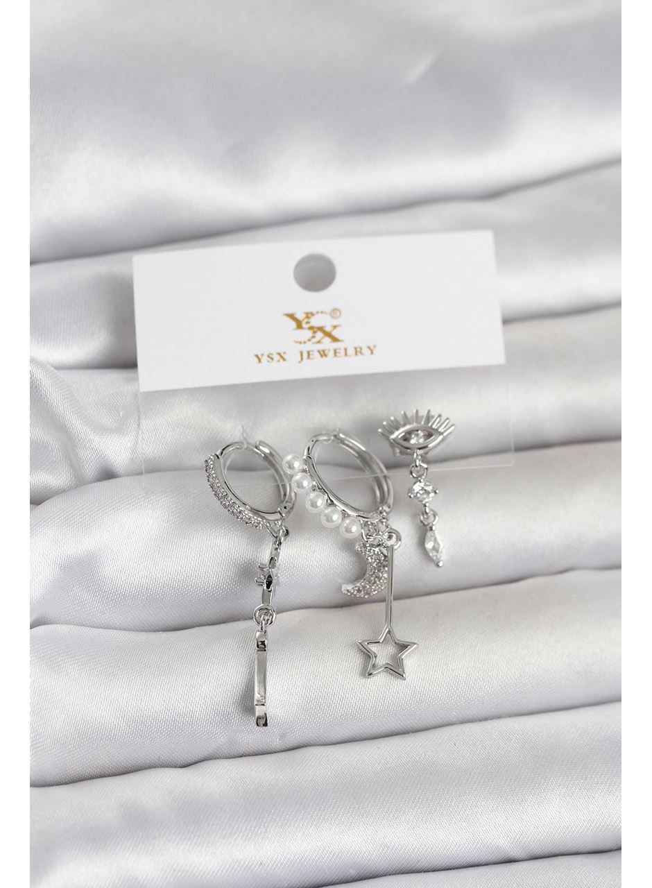 Pirinç Gümüş Renk Zirkon Taşlı Gece Temalı 3'lü Kadın Küpe