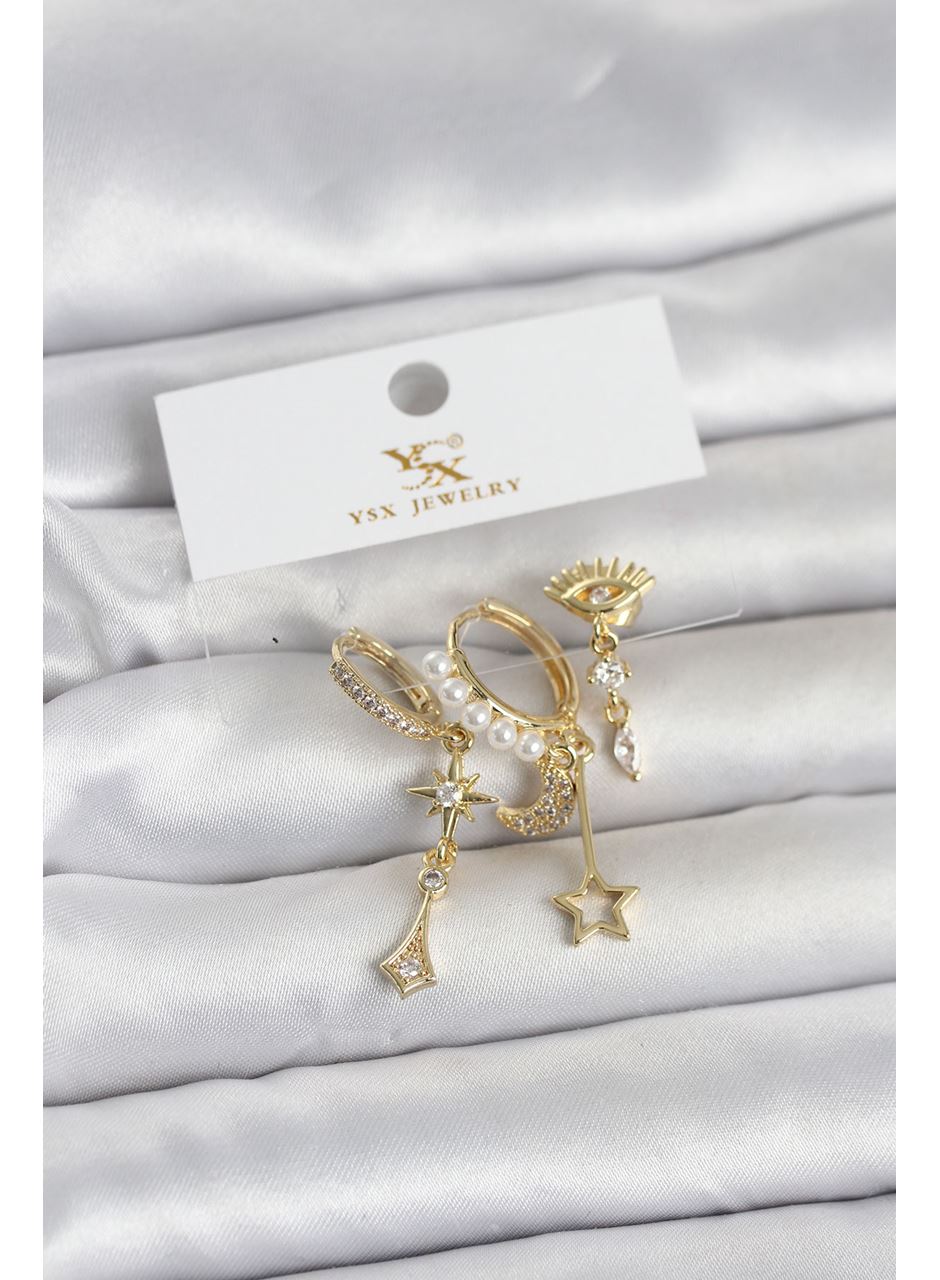 Pirinç Gold Renk Zirkon Taşlı Gece Temalı 3'lü Kadın Küpe