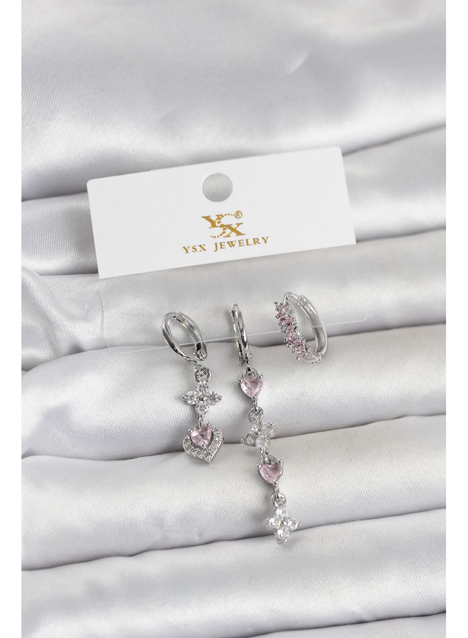 Pirinç Gümüş Renk Pembe Zirkon Taşlı 3'lü Kadın Küpe