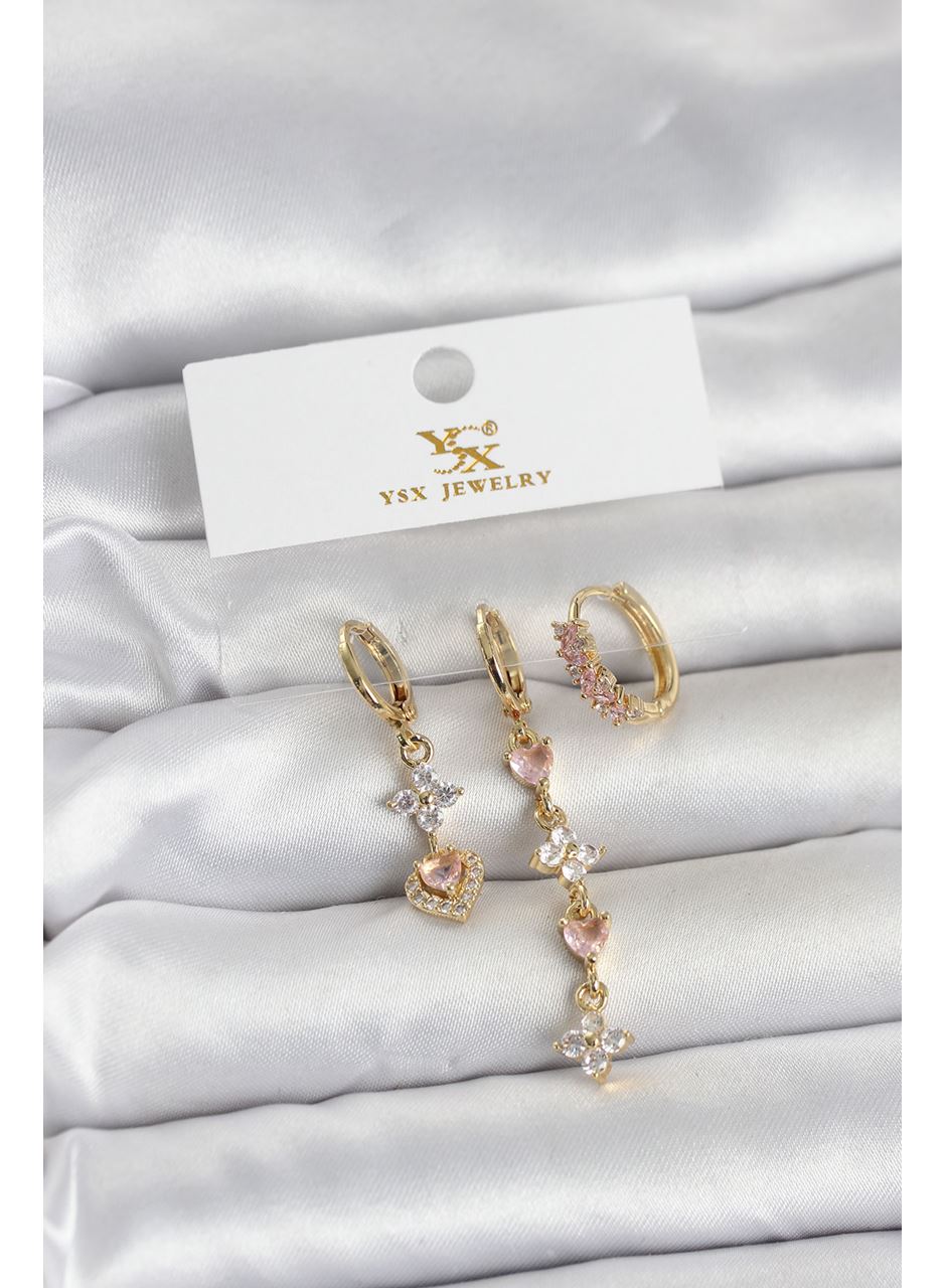 Pirinç Gold Renk Pembe Zirkon Taşlı 3'lü Kadın Küpe