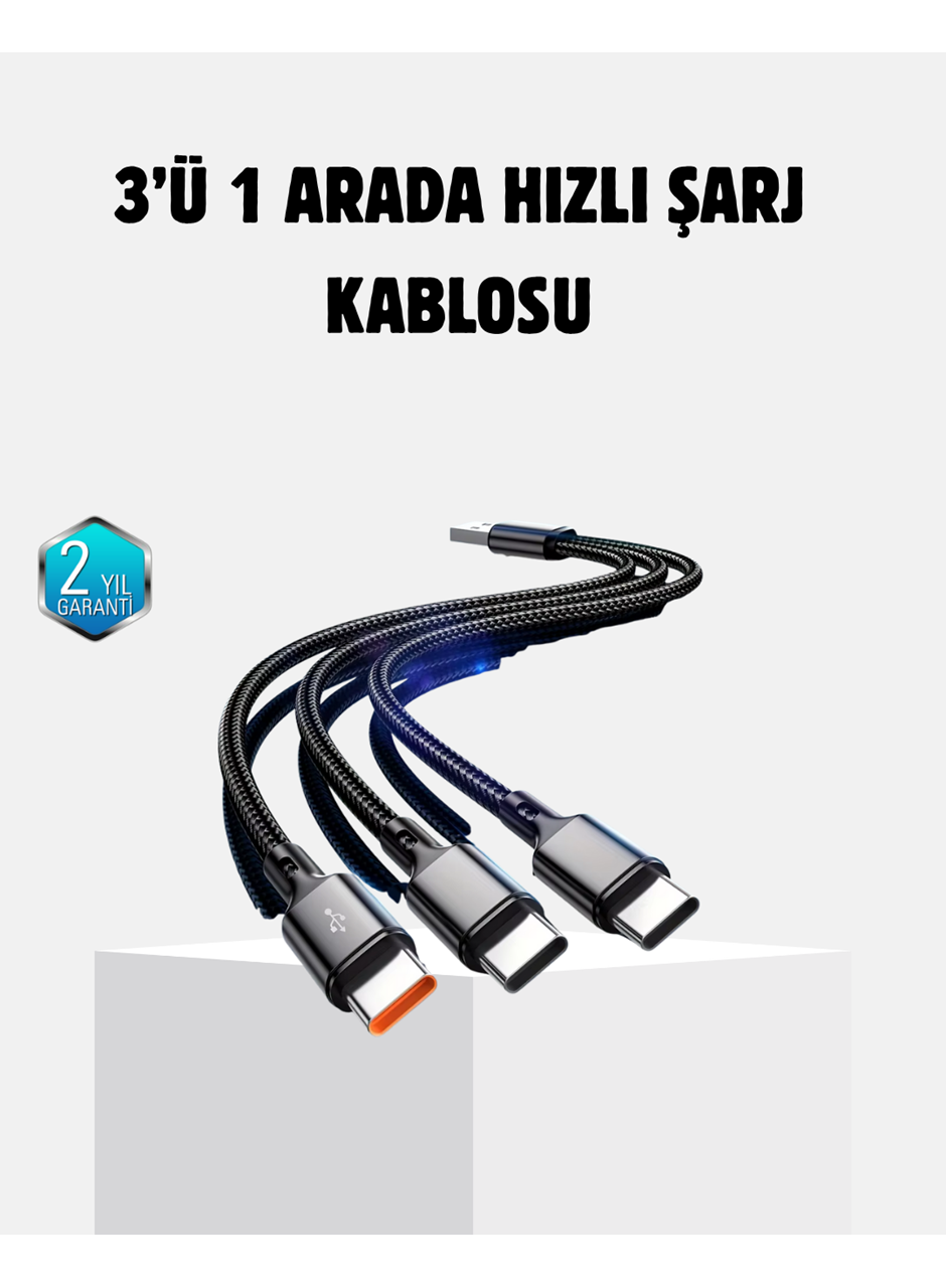 3 Başlıklı Hızlı Şarj Kablosu Metal Alaşımlı Dayanıklı ve Akıllı Çipli