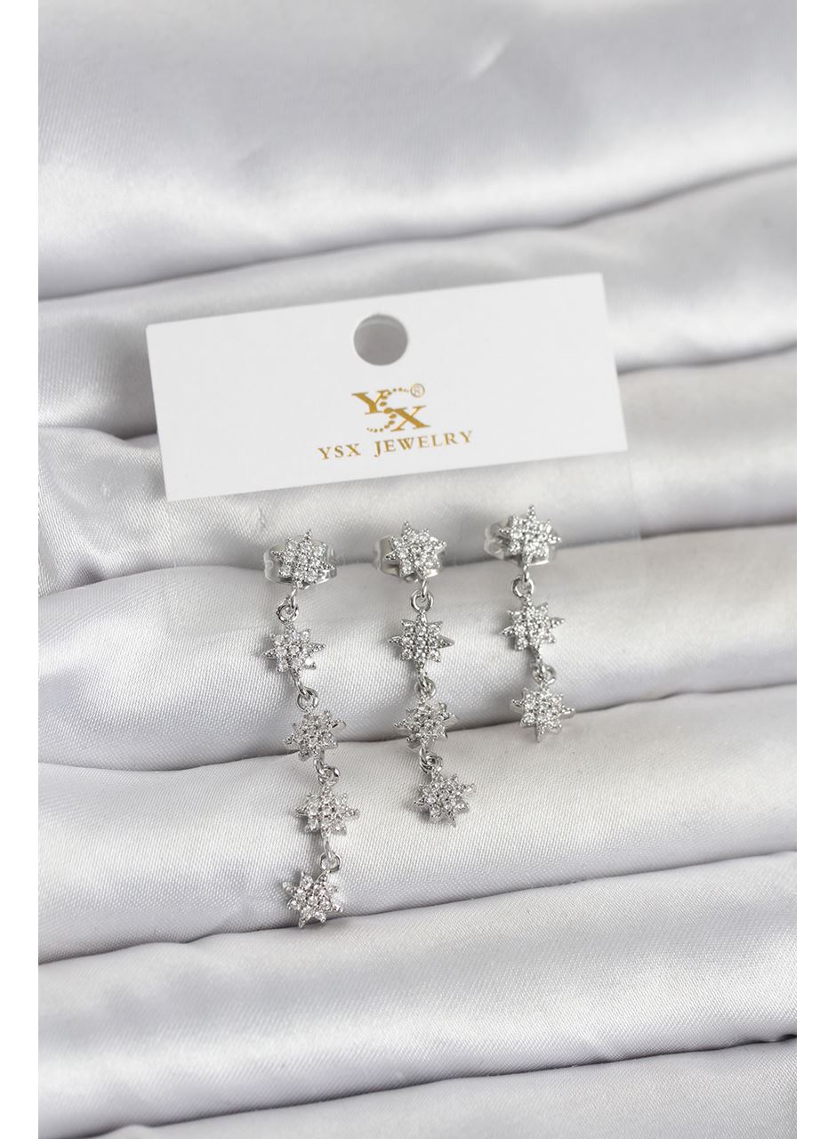 Pirinç Gümüş Renk Sıralı Kutup Yıldızı Model 3'lü Kadın Küpe