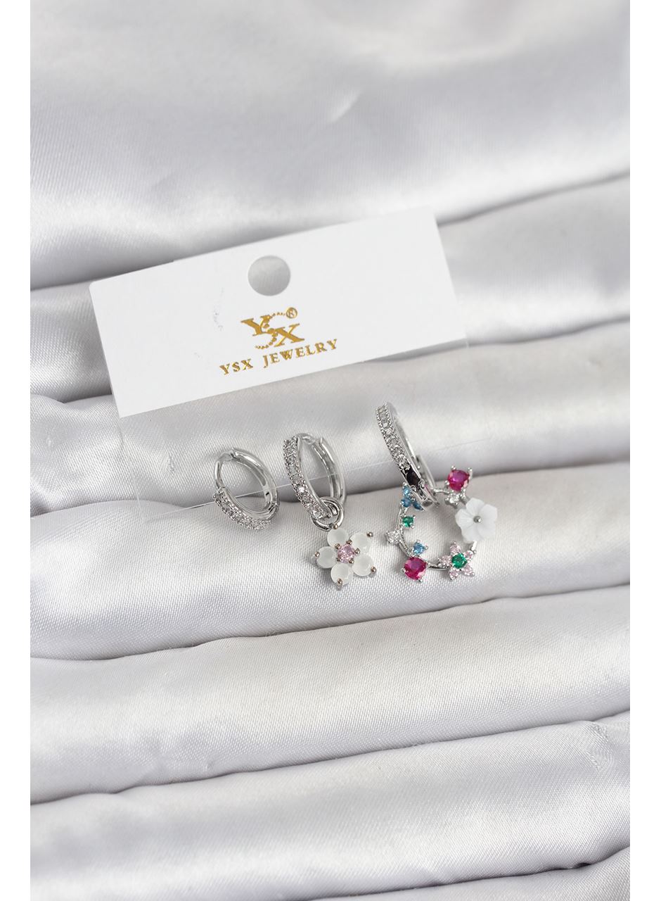 Pirinç Gümüş Renk Çiçek Model 3'lü Kadın Küpe