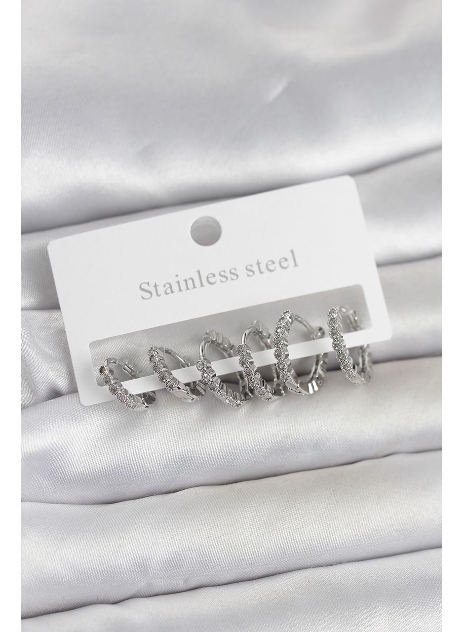 316L Çelik Gümüş Renk Zirkon Taşlı Halka Model Kadın Küpe Seti