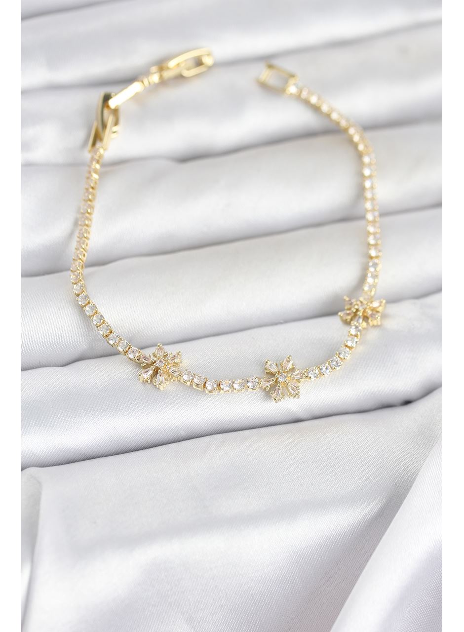 Pirinç Gold Renk Çiçek Model Zirkon Taşlı Su Yolu Kadın Bileklik