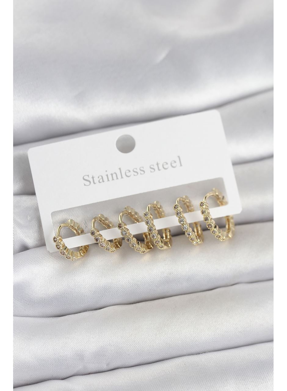 316L Çelik Gold Renk Zirkon Taşlı Halka Model Kadın Küpe Seti