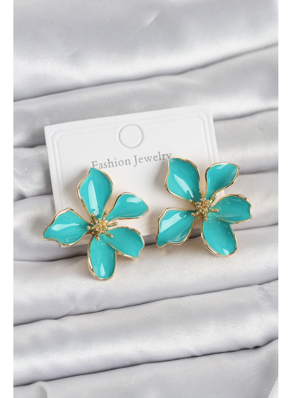 Turkuaz Mineli Çiçek Model Pirinç Kadın Küpe