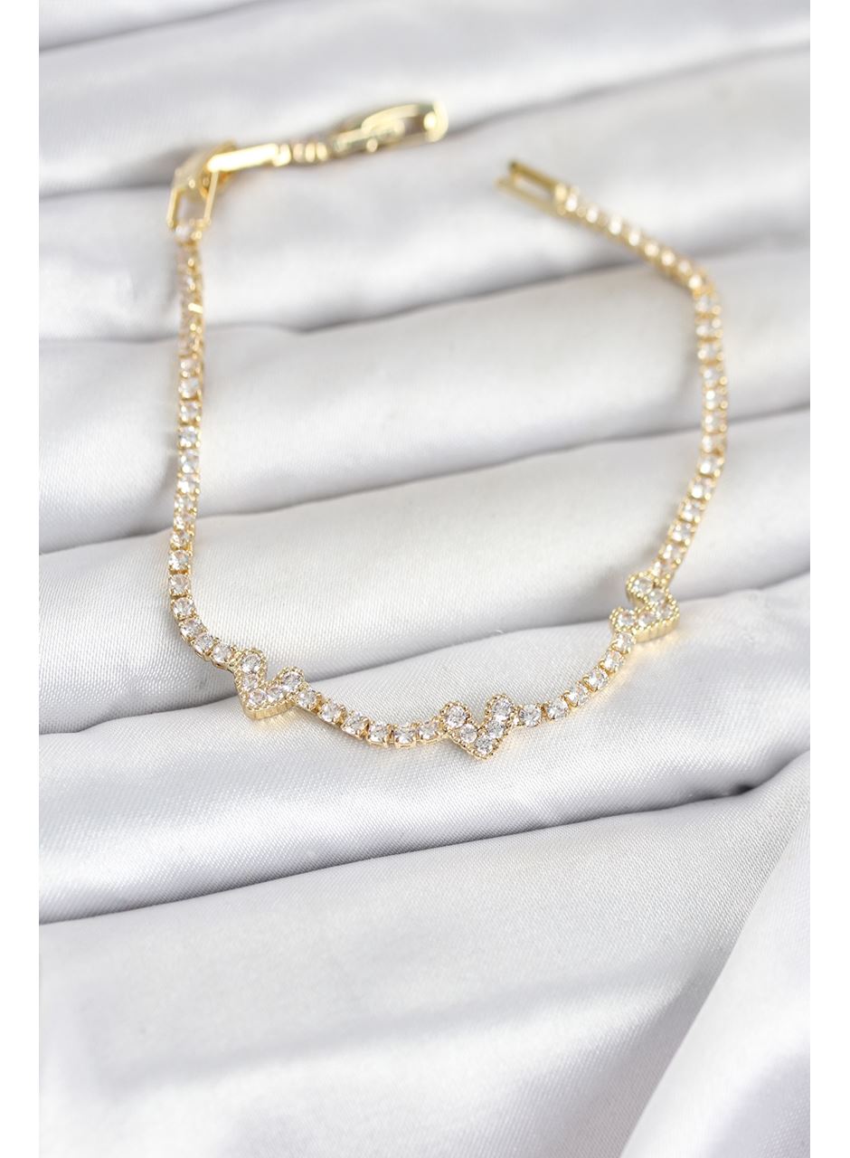 Pirinç Gold Renk Kalp Model Zirkon Taşlı Su Yolu Kadın Bileklik